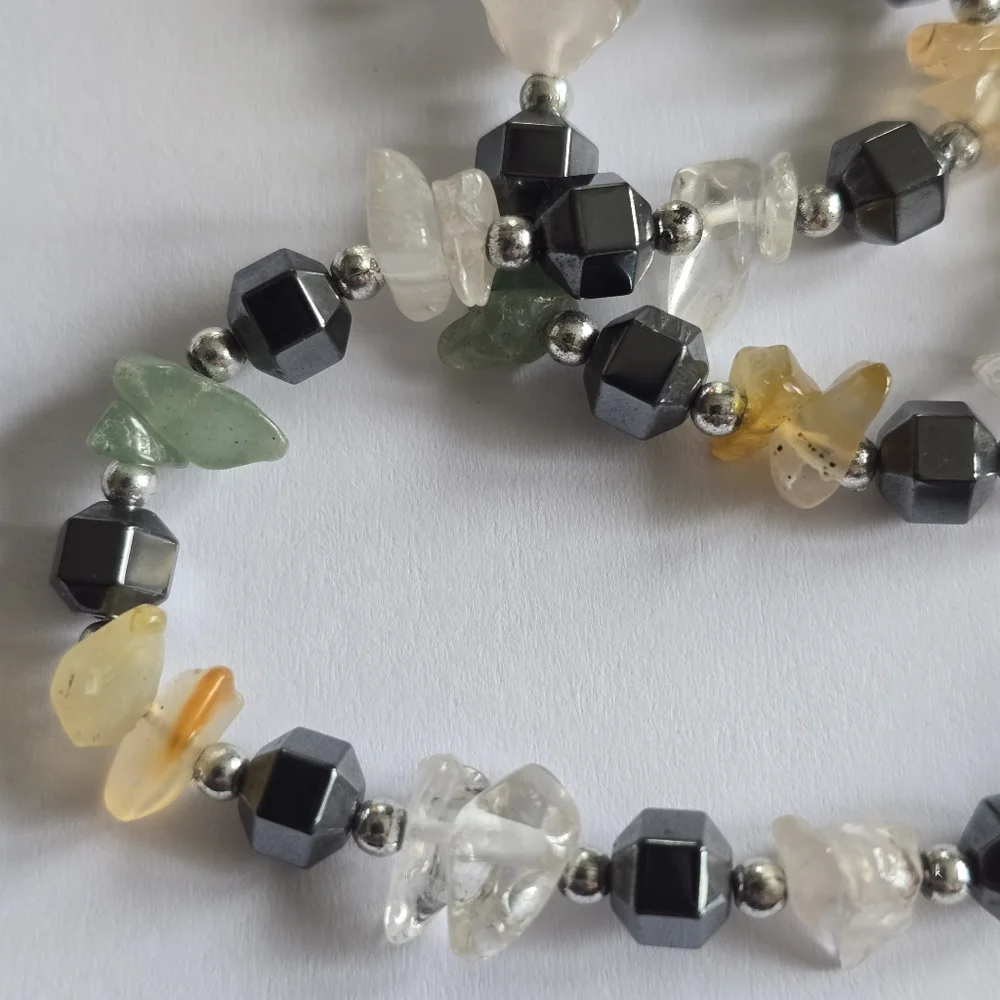 Handmade gemstone necklace beaded yellow green grey gray silver tone clear